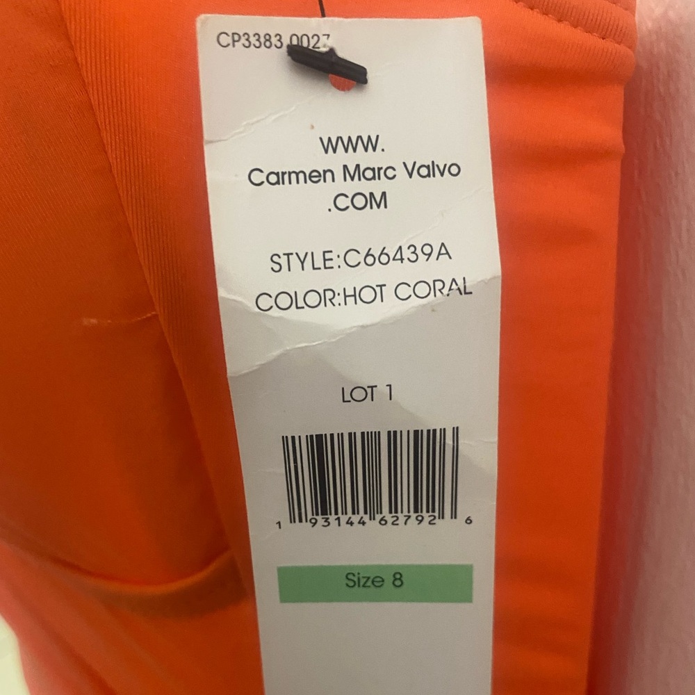 Carmen Marc Valvo Hot Coral Ruched One Piece Swimsuit - Picture 4 of 4